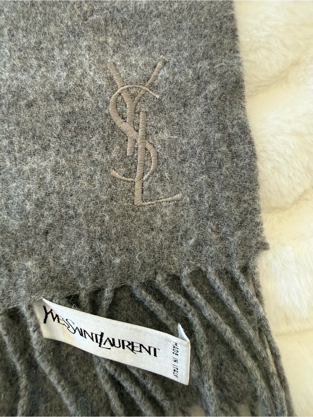 Yves Saint Laurent Gray Fringe Scarf